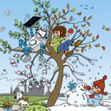 Ein junge baut einen Schneemann. Daneben sitzen ein Mädchen und ein Roboter auf einem Dach. Weiterverlinkung zum swa Kids Wintermagazin 2023 als PDF