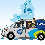 Cover vom swa Kids Winter Magazin 2025. Zwei Menschen in einem swaxi. Am Steuer sitzt swally. Weiterverlinkung zum swa Kids Wintermagazin 2025 als PDF