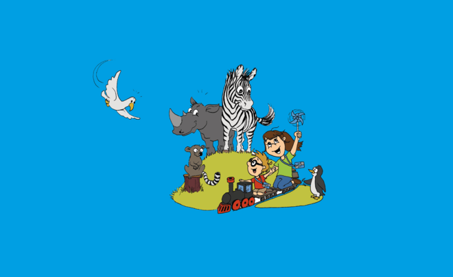 Karikatur von zwei Kindern auf einer Eisenbahn. Um sie herum sind verschiedene Tiere. Weiterverlinkung auf swa Kids für Kids Seite